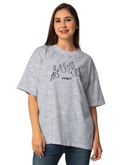 Status Mantra - Women Grey Cotton Typography Oversized Fit T-Shirts