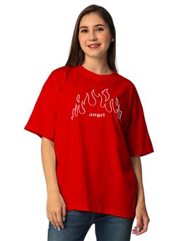 Status Mantra - Women Red Cotton Typography Oversized Fit T-Shirts