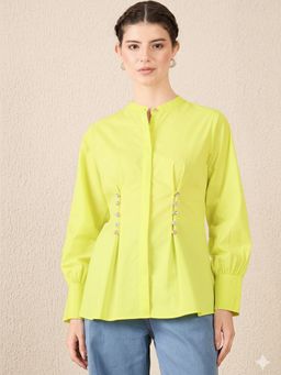 Uptownie - Yellow Pure Cotton Pleated Shirt