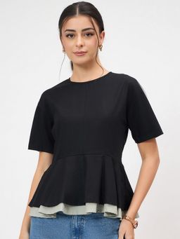 Uptownie - Pure Cotton Layered Peplum Black Top