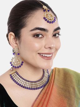 Peora - Gold Plated Kundan Choker Necklace Chandbali Earrings Maangtikka Jewellery Set