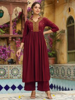Janasya - Red Rayon Embroidered Kurta Palazzo (Set of 2)