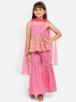 Nautinati - Girls Bandhani Printed Cotton Kurti with Sharara Dupatta (Set of 3)