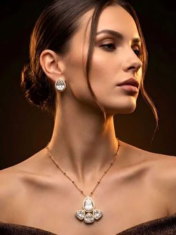 ADIVA - White Brass Gold Plated Stones Necklace with Earrings