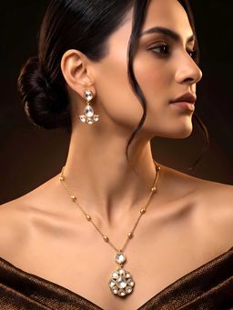 ADIVA - White Brass Gold Plated Stones Necklace with Earrings