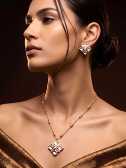 ADIVA - White Brass Gold Plated Stones Necklace with Earrings