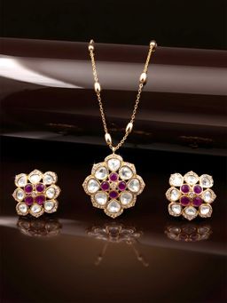 ADIVA - Pink Brass Gold Plated Stones Necklace with Earrings