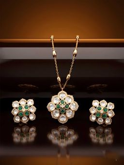 ADIVA - Green Brass Gold Plated Stones Necklace with Earrings