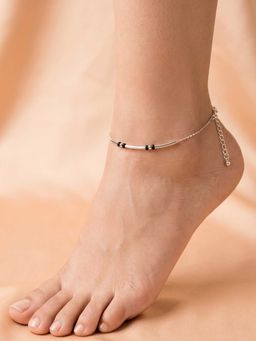 925 SILLER - 925 Pure Silver The Zenith Curved Tube and Black Bead Silver Anklet