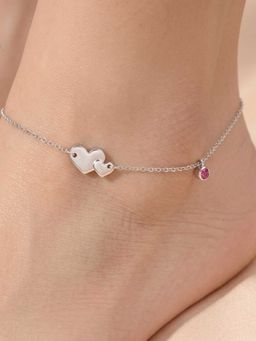 925 SILLER - 925 Pure Silver The Amour Bond Double Heart and Amethyst-Hued Silver Anklet