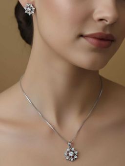 ZEVARLY - White Alloy Rhodium Plated Stones Necklace with Earrings