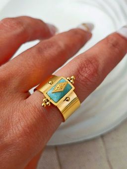 TAAHIRA JEWELLERY - 18K Gold Plated Vintage Blue Geometric Ring