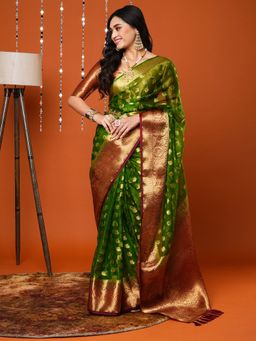 Akhilam - Women's Organza Green Woven Design Designer Saree With Unstitched Blouse Piece