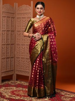 Akhilam - Women Organza Burgundy Woven Design Designer Saree With Unstitched Blouse Piece