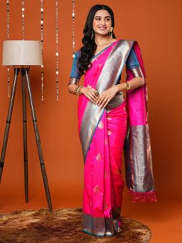 Akhilam - Women Silk Blend Pink Woven Design Designer Saree With Unstitched Blouse Piece
