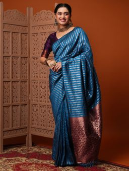 Akhilam - Women Silk Blend Blue Woven Design Designer Saree With Unstitched Blouse Piece