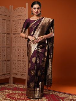 Akhilam - Women Silk Blend Burgundy Woven Design Designer Saree With Unstitched Blouse Piece