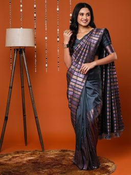 Akhilam - Women Silk Blend Grey Woven Design Designer Saree With Unstitched Blouse Piece