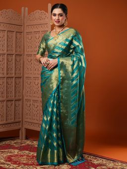 Akhilam - Women Organza Blue Woven Design Designer Saree With Unstitched Blouse Piece