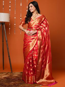 Akhilam - Women Organza Pink Woven Design Designer Saree With Unstitched Blouse Piece