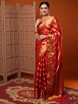 Akhilam - Women Organza Red Woven Design Designer Saree With Unstitched Blouse Piece