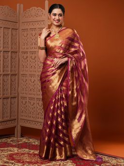 Akhilam - Women Organza Maroon Woven Design Designer Saree With Unstitched Blouse Piece