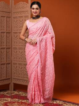 Akhilam - Women Organza Pink Embroidered Designer Saree With Unstitched Blouse Piece