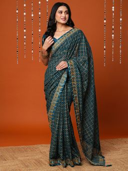 Akhilam - Women Georgette Teal Blue Printed Designer Saree With Unstitched Blouse Piece