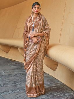 Akhilam - Women Cotton Blend Beige Printed Designer Saree With Unstitched Blouse Piece