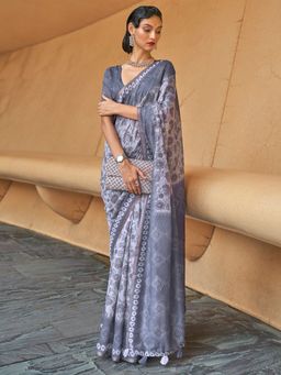 Akhilam - Women Cotton Blend Grey Printed Designer Saree With Unstitched Blouse Piece