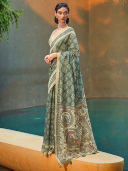 Akhilam - Women Cotton Blend Sea Green Printed Designer Saree With Unstitched Blouse Piece