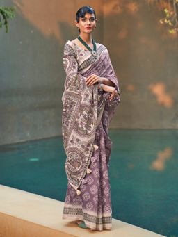 Akhilam - Women Cotton Blend Mauve Printed Designer Saree With Unstitched Blouse Piece