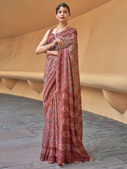 Akhilam - Women Cotton Blend Brown Printed Designer Saree With Unstitched Blouse Piece