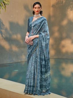 Akhilam - Women Cotton Blend Teal Blue Printed Designer Saree With Unstitched Blouse Piece