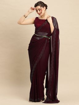 Akhilam - Women Georgette Maroon Embellished Designer Saree With Unstitched Blouse Piece