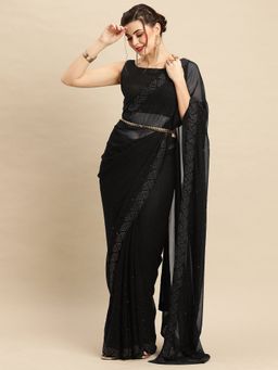 Akhilam - Women Georgette Black Embellished Designer Saree With Unstitched Blouse Piece
