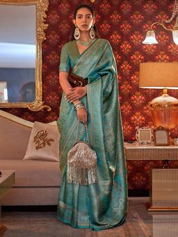 Akhilam - Women Silk Blend Teal Blue Woven Design Designer Saree With Unstitched Blouse Piece