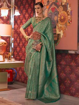 Akhilam - Women Silk Blend Sea Green Woven Design Designer Saree With Unstitched Blouse Piece