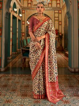 Akhilam - Women Silk Blend Beige Embellished Designer Saree With Unstitched Blouse Piece