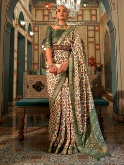 Akhilam - Women Silk Blend Beige Embellished Designer Saree With Unstitched Blouse Piece