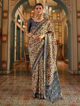 Akhilam - Women Silk Blend Beige Embellished Designer Saree With Unstitched Blouse Piece