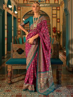 Akhilam - Women Silk Blend Magenta Embellished Designer Saree With Unstitched Blouse Piece