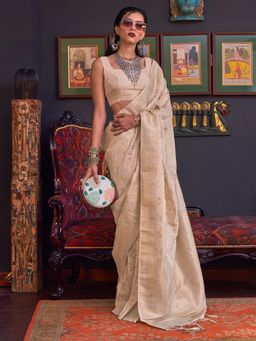 Akhilam - Women Silk Blend Cream Woven Design Designer Saree With Unstitched Blouse Piece