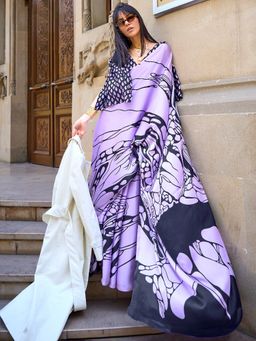Akhilam - Women Crepe Lavender Digital Print Designer Saree With Unstitched Blouse Piece