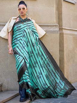 Akhilam - Women Crepe Sea Green Digital Print Designer Saree With Unstitched Blouse Piece