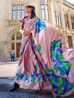Akhilam - Women Crepe Pink Digital Print Designer Saree With Unstitched Blouse Piece