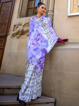 Akhilam - Women Crepe Off White Digital Print Designer Saree With Unstitched Blouse Piece