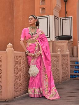 Akhilam - Women Silk Blend Pink Woven Design Designer Saree With Unstitched Blouse Piece