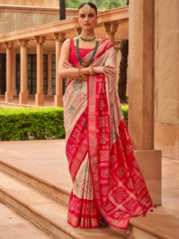 Akhilam - Women Silk Blend Beige Embellished Designer Saree With Unstitched Blouse Piece