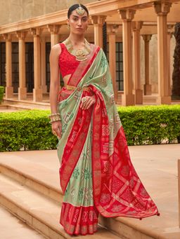 Akhilam - Women Silk Blend Light Green Embellished Designer Saree With Unstitched Blouse Piece